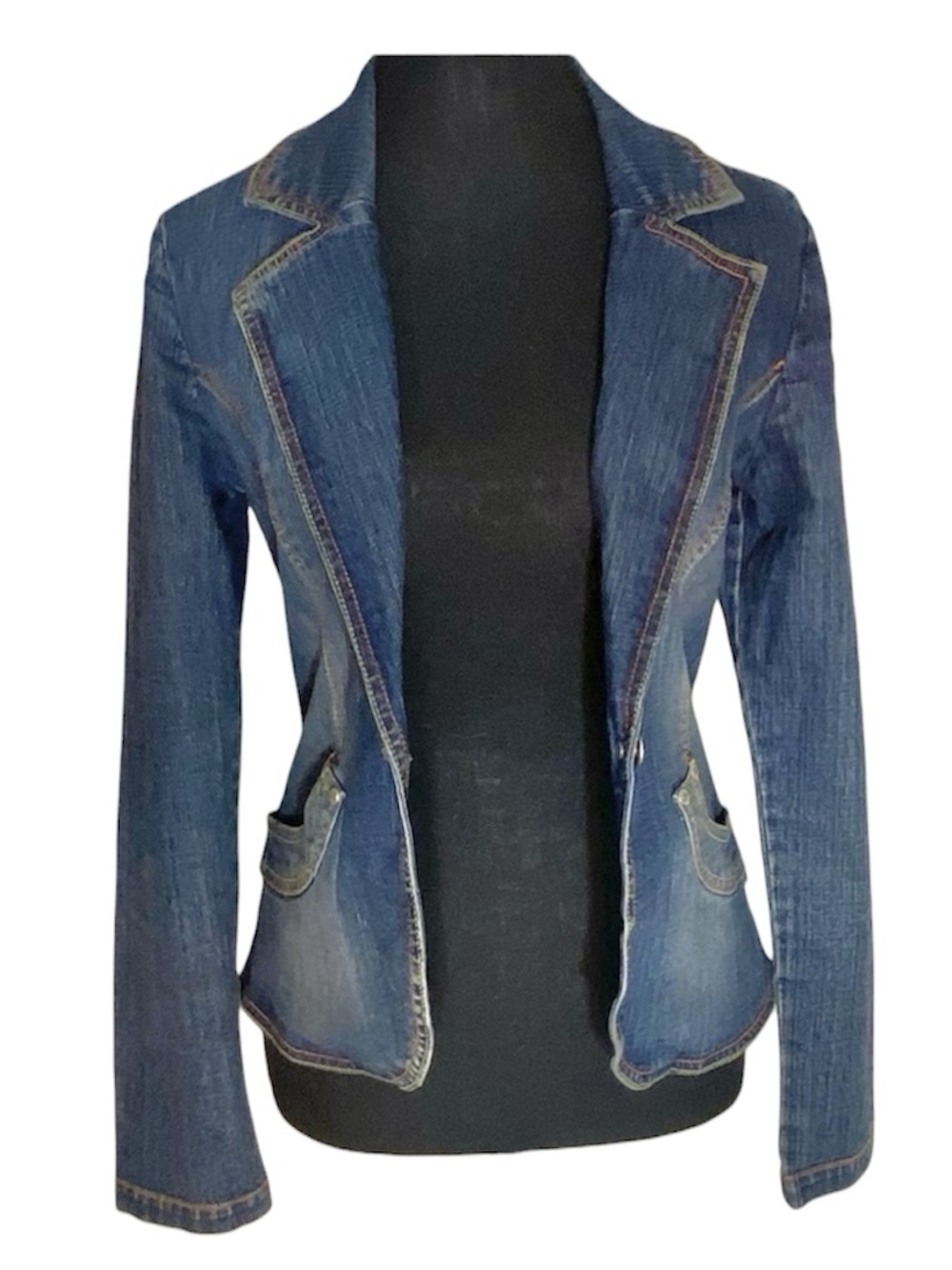 FIRST KISS Fitted Jean Jacket Denim Y2K Faded Denim Distressed Buttons Sz Small